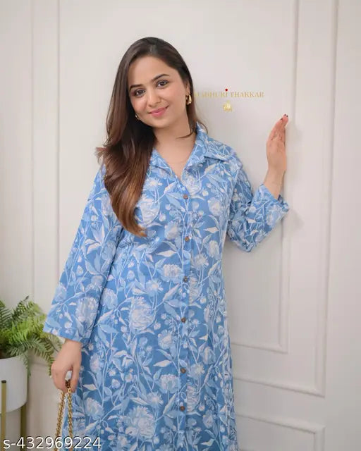 Women's cotton printed Anarkali CoOrd Kurti and Palazzos set, long-sleeved Indian fashion on display