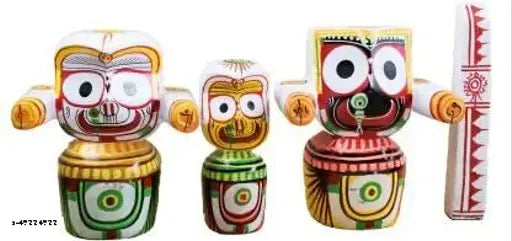 Handcrafted wooden idols: Lord Jagannath, Balabhadra, Maa Subhadra, and Sudarsan Chakra (Chaturdha Murti), 8" x 20cm x 6cm, Indian art for home & office decor