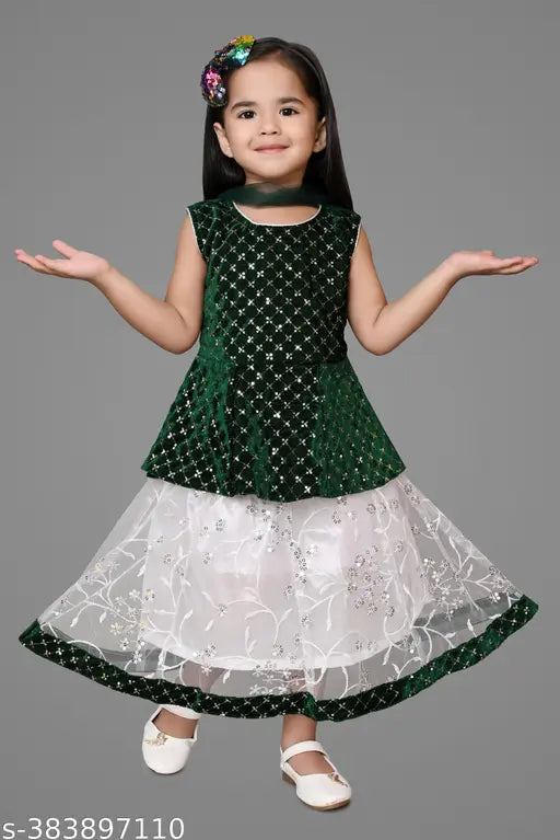 Embellished velvet-net baby lehenga choli set, 3-piece traditional Indian garment for 2-10 years