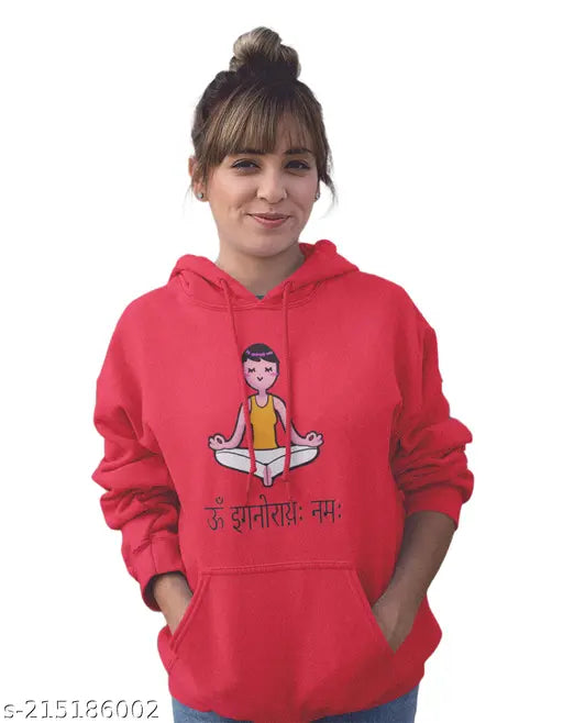 Red color cotton hoodie, unisex design with funny yoga print (both sides), quality fleece, sustainable inks, made in India