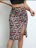 Printed net mid-length skirt for woman, fancy side cut design, available in sizes 26, 28, 30, 32 inches, made from polyester
