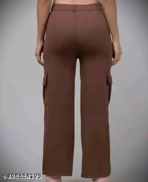 Brown cotton blend cargo trousers, high rise with four pockets, flap details, straight fit, stretchable and suitable for casual and formal wear
