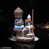 Blue PolyResin Baby Monk Buddha Incense Burner Fountain with 10 Free Cones, multi-color decor for living room or car dashboard