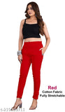 Red cotton lycra solid trousers and ladies pants, high quality design, India origin
