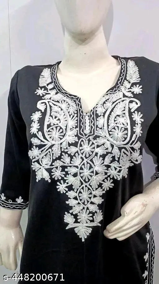 Premium woolen kurti with embroidered neckline and three-quarter sleeves, ideal for winter. Available in M (38in bust, 41in length), L (40in bust, 42in length), XL (42in bust, 42in length), XXL (44in bust, 42in length), and XXXL (Country of Origin: India)