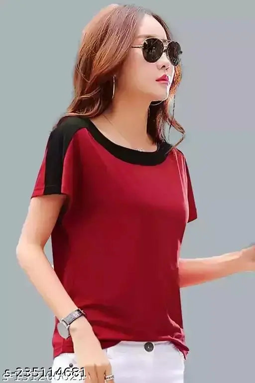Maroon and olive green half-sleeve color block W&W women's T-shirts, cotton blend, stylish designer party wear with solid patterns, perfect for women and girls (combo of 3)