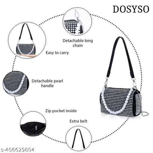 Rhinestone fabric crossbody sling bag with chain strap, embellished net design, pearl beaded handle. Perfect for evening events like weddings and parties. High-quality rhinestones and spacious interior compartment. Made in China