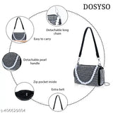 Rhinestone fabric crossbody sling bag with chain strap, embellished net design, pearl beaded handle. Perfect for evening events like weddings and parties. High-quality rhinestones and spacious interior compartment. Made in China