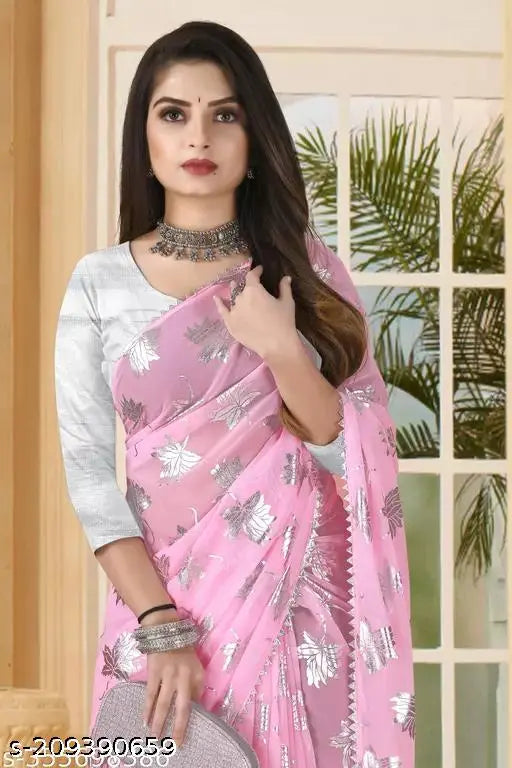 Foil print leaf saree in Georgette fabric, free size with separate blouse in Art Silk, for festive wear or weddings