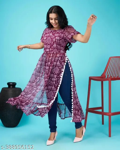 Georgette printed kurti in beautiful nayra cut style, short sleeves, Indian fashion