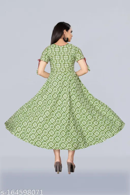 Printed cotton blend sweet heart neck gown kurti, short sleeves, India-origin fashion