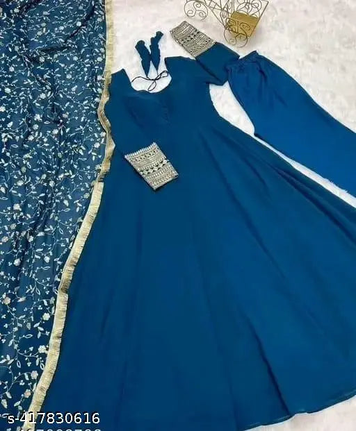 Embroidered Georgette gown, solid-colored formal wear for women (XL, Bust 40in, Length 55in, Waist 38in, Hip 46in, Shoulder 18in)