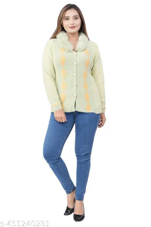 Acrylic fur-trimmed winter pista cardigan for women, self-designed knitted pattern, long sleeves