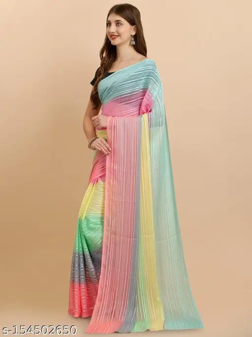 Multicolor rainbow Georgette saree with velvet blouse, Indian wedding festive wear