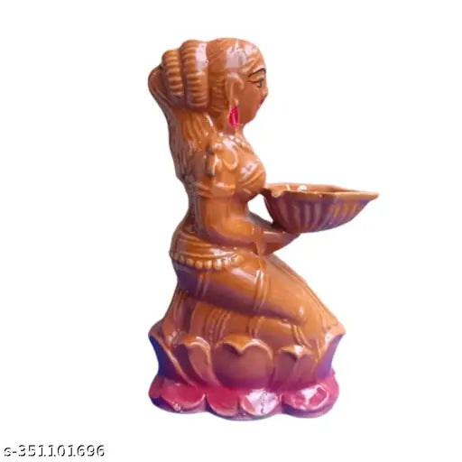 Ceramic traditional Paavai Vilaku statue, handicraft artifact showpiece for home decor, Indian religious motif symbolizing prosperity and auspiciousness (11x6x13 cm)
