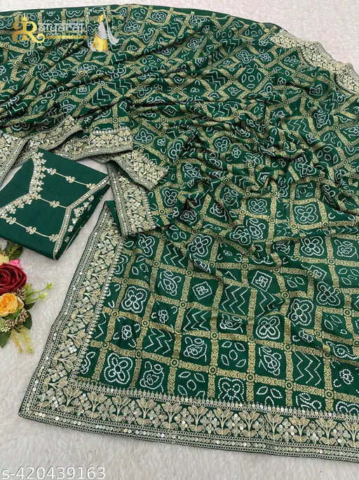 Trending green Vichitra Silk Bandhani saree with embroidered sequin work, suitable for women's special occasions