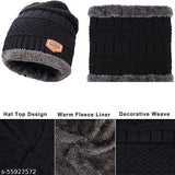 Unisex black-brown woolen premium quality beanie cap & neck warmer set (2 caps, 2 warmers), textured pattern, oneseize, super warm for men, women, and children