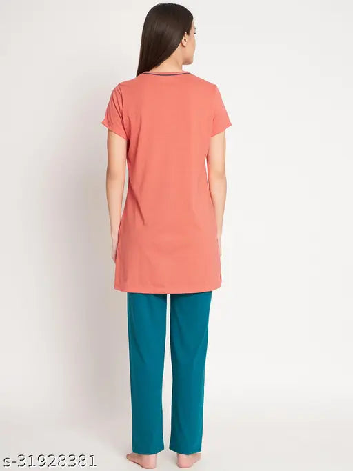 Orange cotton women's pyjama suit with flower print, soft and comfortable Bell Paper cotton nightwear