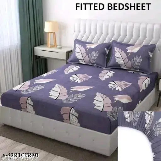 Glace cotton double bedsheet with elastic fitted design and 2 pillow covers, ideal for single bed. Captivating 3D printed botanical pattern enhances decor
