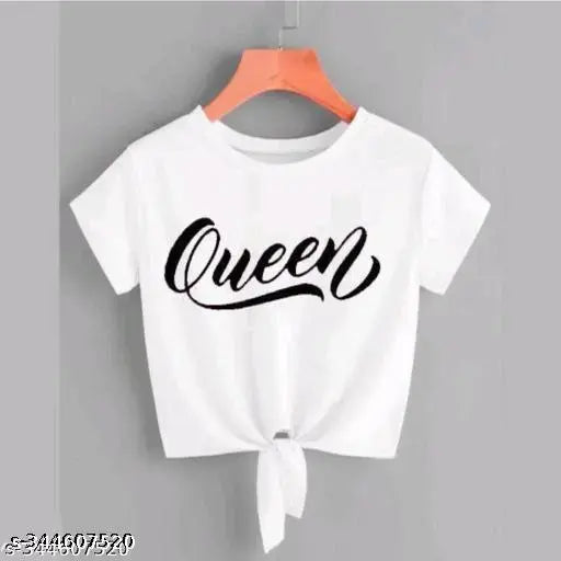 White lycra knot crop top & t-shirt for women, plain queen printed, trendy fashion wear