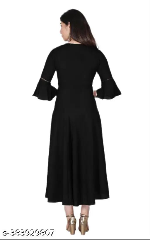 Rayon Anarkali kurti with bell sleeve, black and aqua blue, trendy women's outfit, three-quarter sleeves, India origin