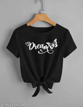 Black crop top t-shirt with butterfly print for women & girls, made from Lycra. Short sleeves, trendy knot design