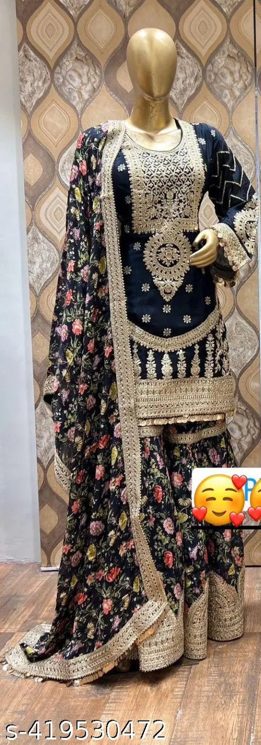 New designer heavy faux Georgette Sharara suit set, embroidered kurta with dupatta and bottomwear in three-quarter sleeves. XL size, Indian ethnic wear on display