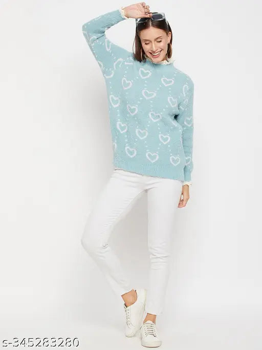 Camey Women's Woolen Winter Full Sleeve High Neck Heart Print Sweater - Stylish, versatile women's sweater with all-over graphic print and ribbed neck, suitable for various occasions