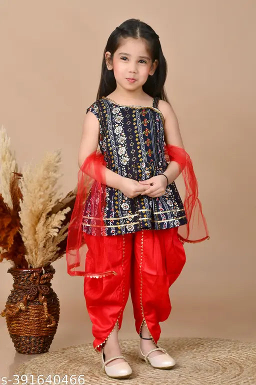 Blue and red printed rayon top, dhoti, and dupatta set for kids girls - embellished, sleeveless, breathable, India-made