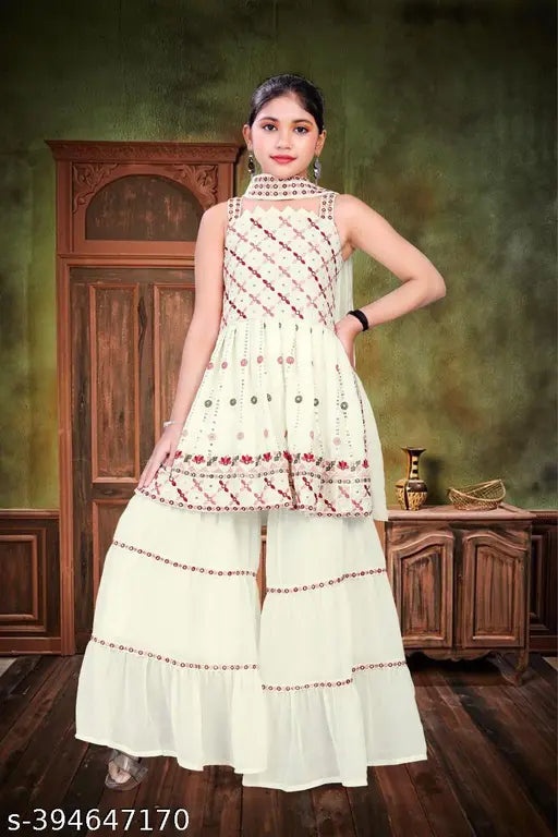 Cream Georgette anarkali sharara with embroidered sleeves and dupatta set for girls aged 3-14 years, India origin