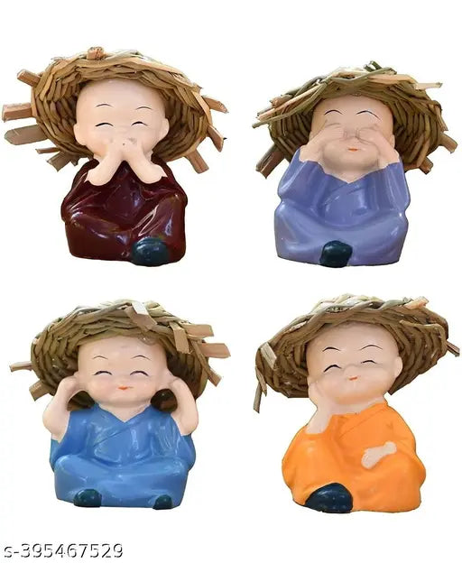 Multi-colored Resin Baby Buddha Statues (4 pieces), intricately handcrafted Indian Monk Idols for home or car decor