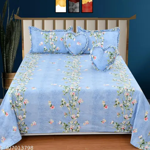 LTF cotton floral bedsheet set (1 king, 2 decorative pillows, 2 heart-shaped cushions), multicolor design with frill work, ideal for summer adult bedrooms, made in India