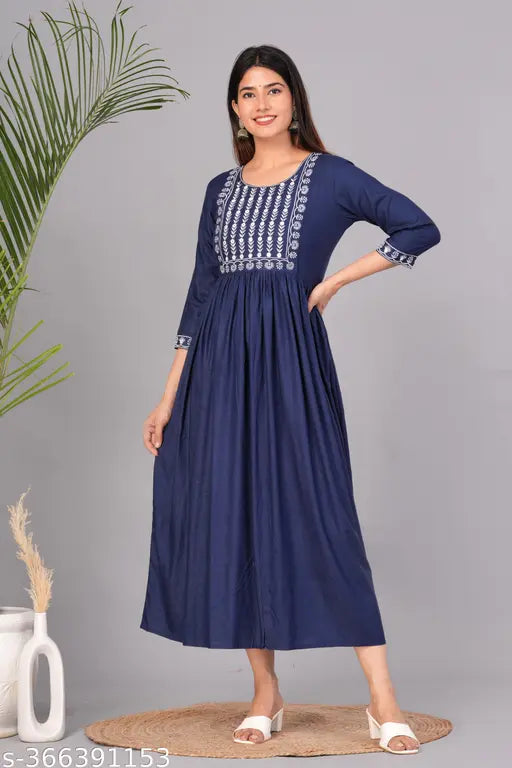 Blue Rayon Embroidered Flared Kurta for Women - Solid Design, Three-Quarter Sleeves, Available in S, M, L, XL, XXL