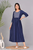 Blue Rayon Embroidered Flared Kurta for Women - Solid Design, Three-Quarter Sleeves, Available in S, M, L, XL, XXL