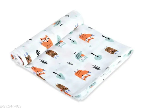 Organic cotton muslin swaddlers (4-pack StarPlusFoxRainbow), ideal for newborn babies, breathable, multi-purpose, and anti-allergic