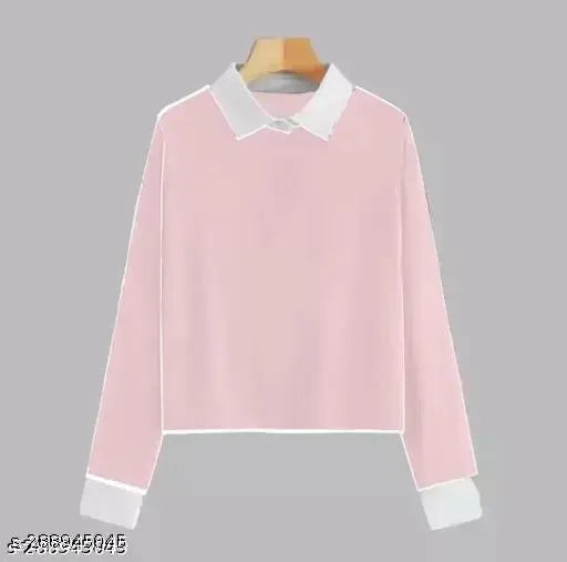 White cotton premium t-shirt, full sleeve with white collar for women, ideal for everyday casual wear