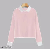 White cotton premium t-shirt, full sleeve with white collar for women, ideal for everyday casual wear