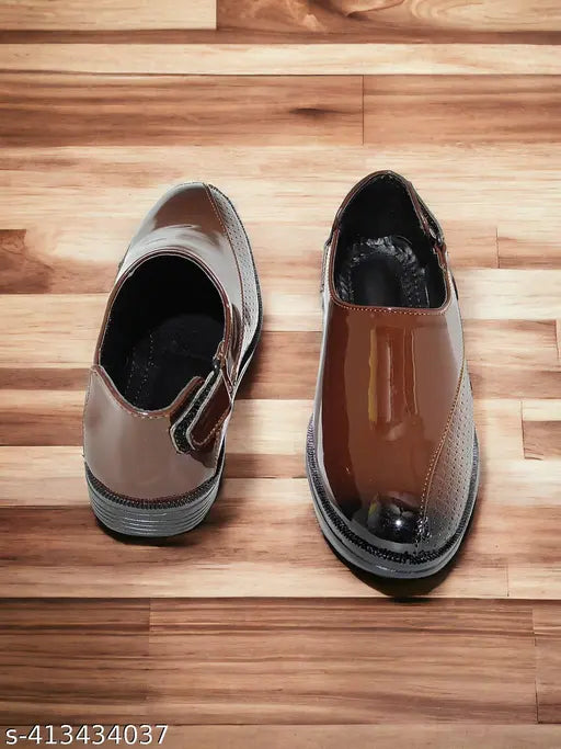 Trendy Patent Leather Peshawari Pattern Sandals for Boys - Lightweight Slip-On Party Wear, India origin