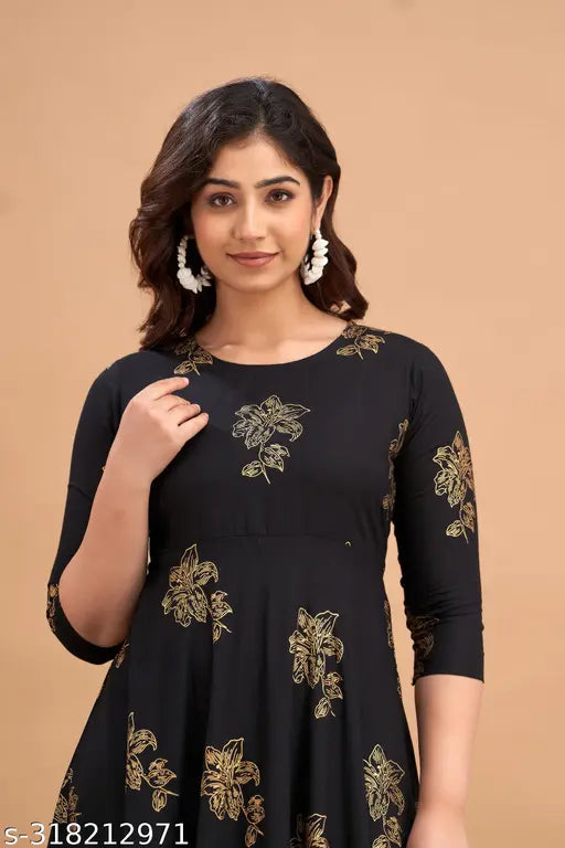 Rayon ethnic women's gown with three-quarter sleeves, printed combo, S - Bust 36in, Size 48in