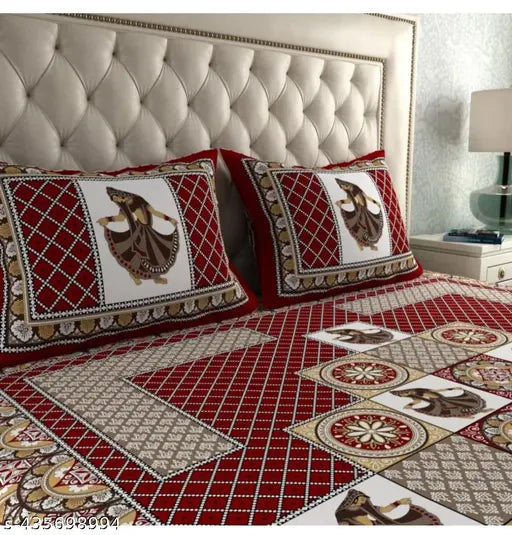 Red cotton elastic bedsheets with ethnic motifs, perfect for adult use during heavy winter seasons. Double queen size with a thread count of 200, made in India