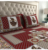 Red cotton elastic bedsheets with ethnic motifs, perfect for adult use during heavy winter seasons. Double queen size with a thread count of 200, made in India