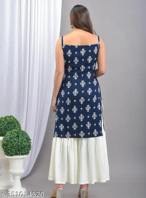 Rayon print dress set with palazzos for women, sleeveless, single size S-XXL. Indian fashion wear on model