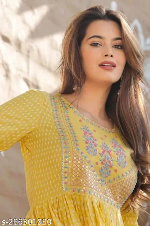 Rayon yellow front gather Naira cut kurtas, stylish long kurtis for women & girls, India-made with three-quarter sleeves & printed pattern