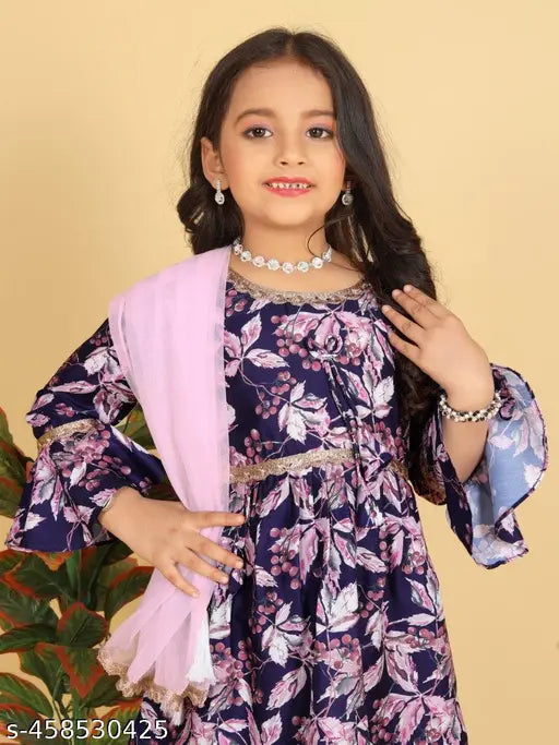 Cotton anarkali Aliya Cut Top with Sharara Dupatta set for girls, solid pattern and long sleeves on display