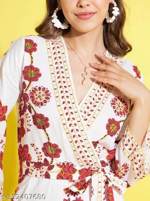 White viscose rayon jumpsuit, stylestone women's printed cream & red jumpsuit, three-quarter sleeves, multiple sizes available from S to XXXL on display