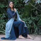 Black rayon crop top and palazzo set, intricate lace detail, long sleeves