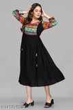 Black printed rayon Anarkali kurta with three-quarter sleeves, perfect for modern women's fashion from RIYA FASHIONS, India