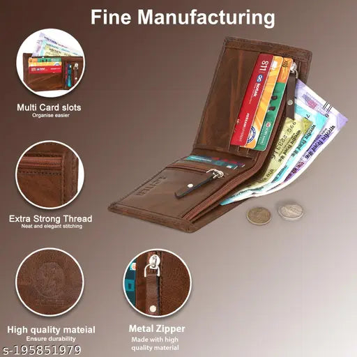 Brown faux leather slim wallet, 3 compartments with premium cloth lining - utility wallet for men
