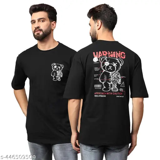 Mens oversized cotton T-shirt with round neck, stylish print on short sleeves, ideal for casual outfits. Made in India