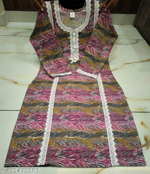 Wool printed kurti with lace work in three-quarter sleeves. Vibrant winter fashion wear for women and girls, machine washable